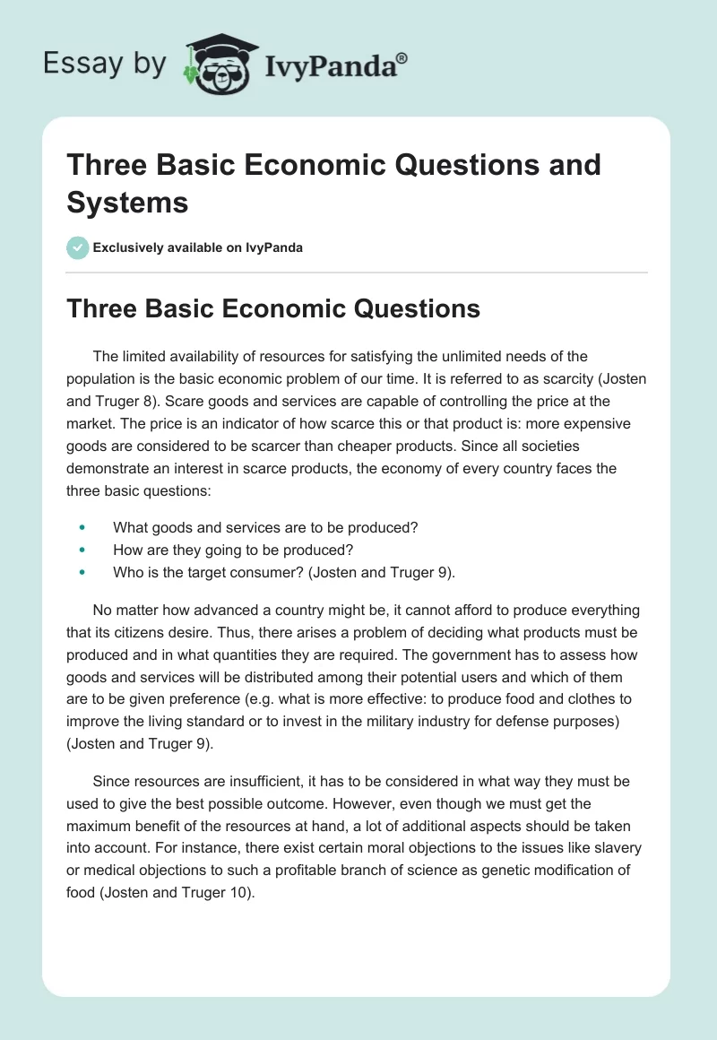 Three Basic Economic Questions and Systems. Page 1