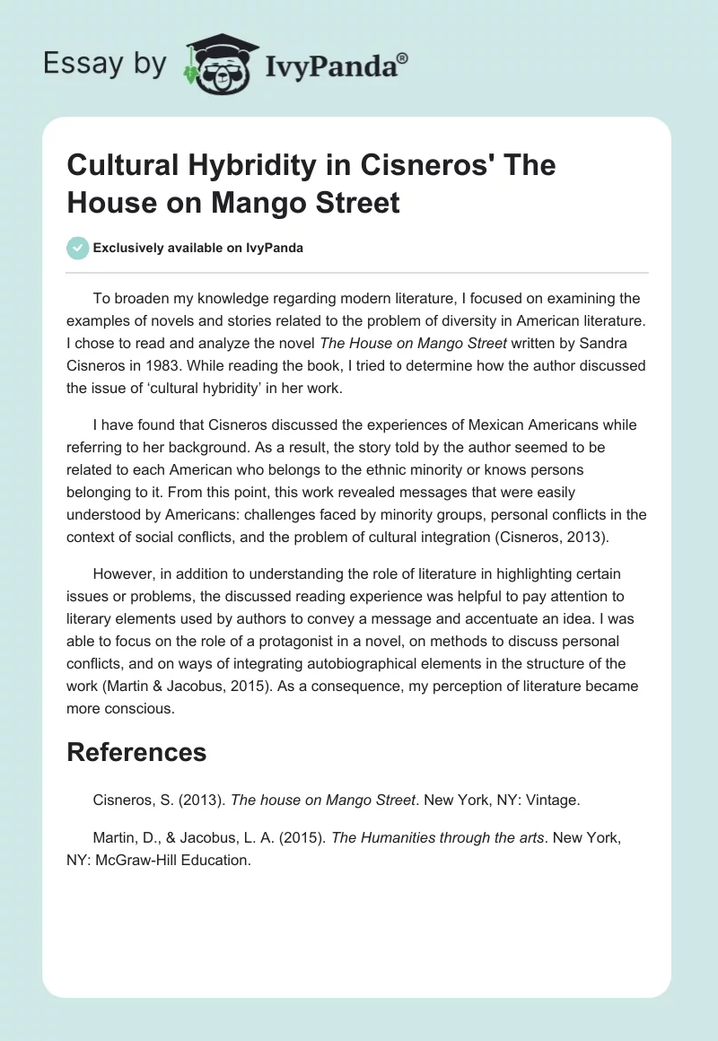 Cultural Hybridity in Cisneros' "The House on Mango Street". Page 1