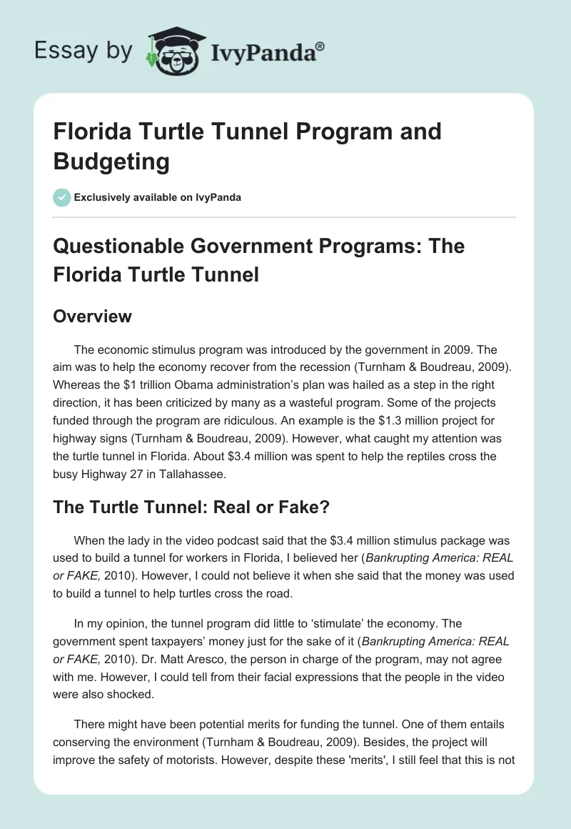 Florida Turtle Tunnel Program and Budgeting. Page 1
