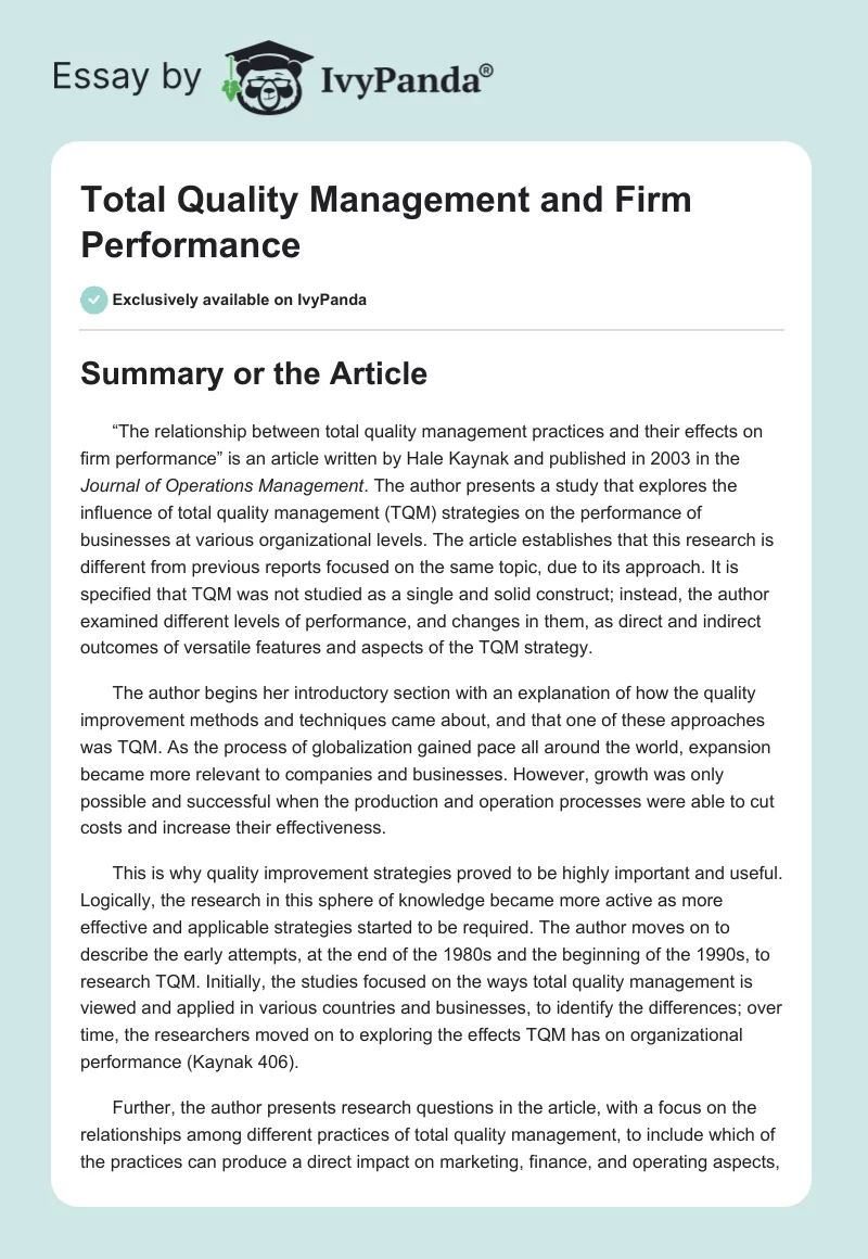 Total Quality Management and Firm Performance. Page 1