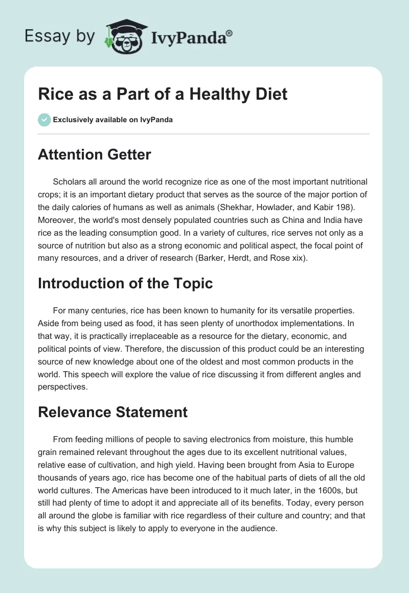 Rice as a Part of a Healthy Diet. Page 1