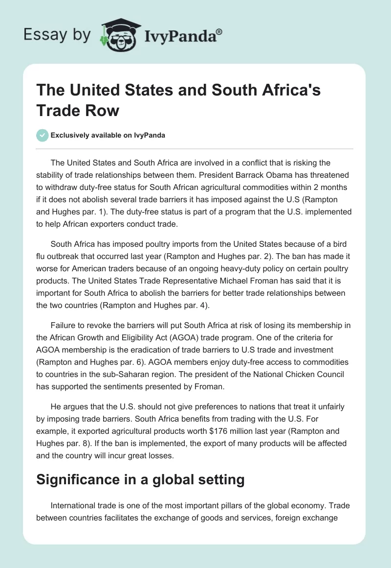 The United States and South Africa's Trade Row. Page 1