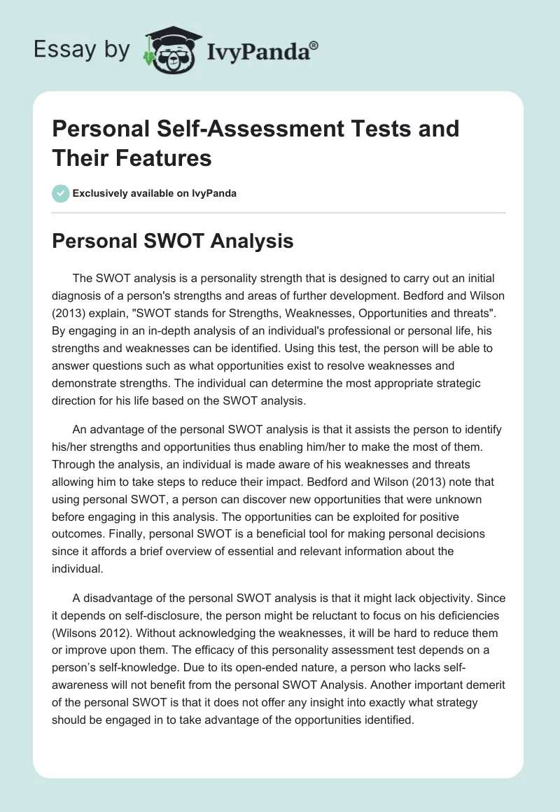 Personal Self-Assessment Tests and Their Features. Page 1