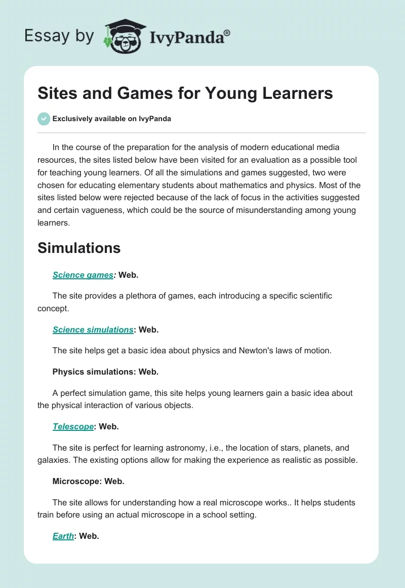 Sites and Games for Young Learners. Page 1