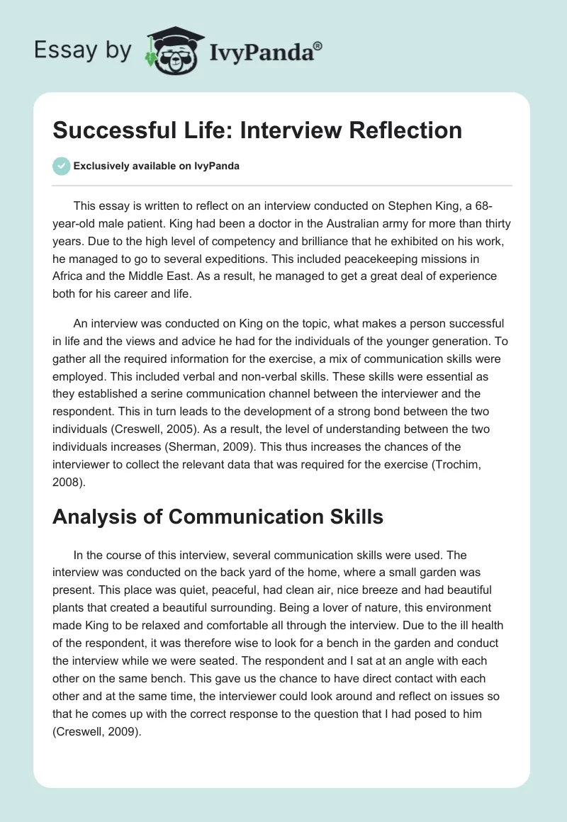 Successful Life: Interview Reflection. Page 1