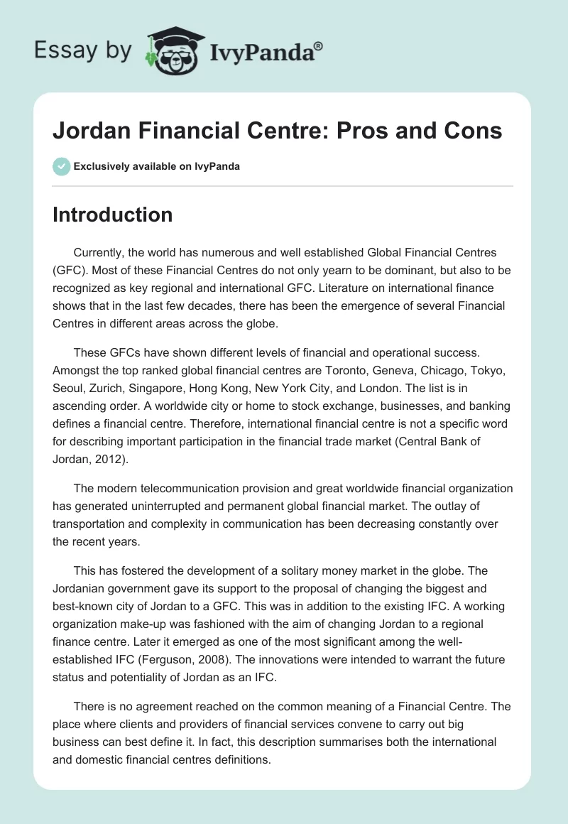 Jordan Financial Centre: Pros and Cons. Page 1