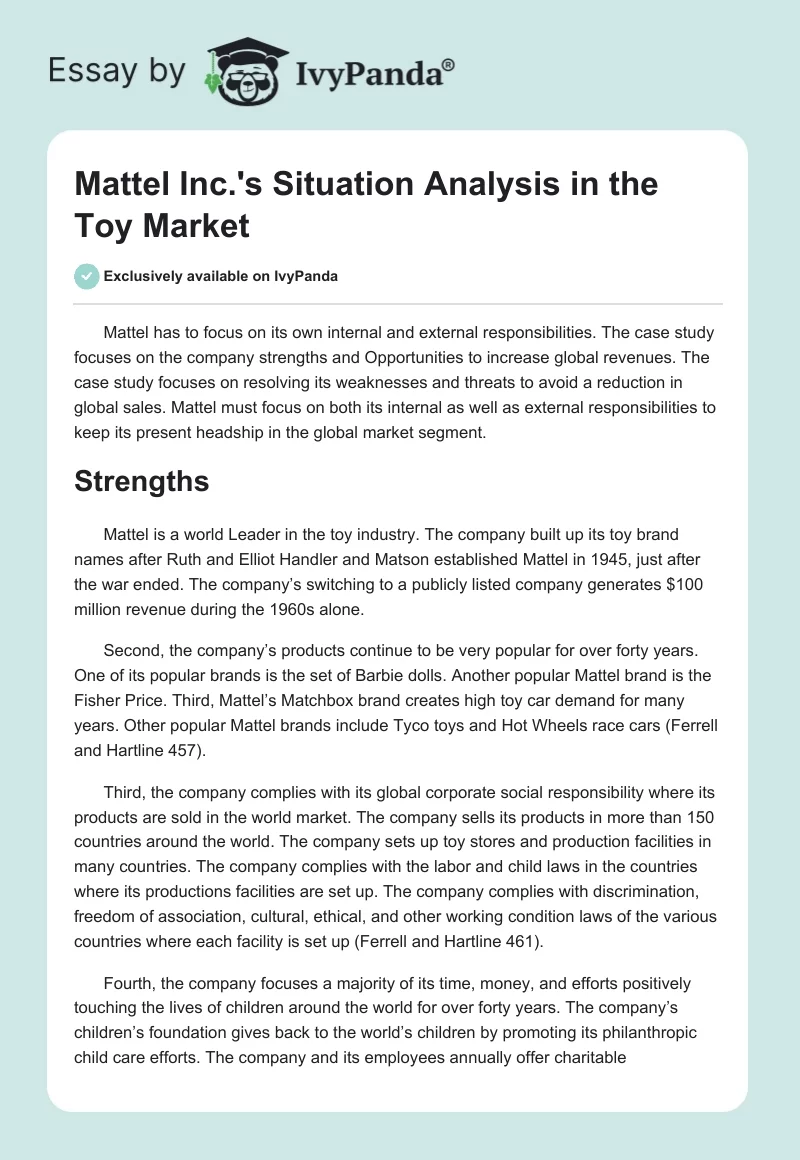 Mattel Inc.'s Situation Analysis in the Toy Market. Page 1