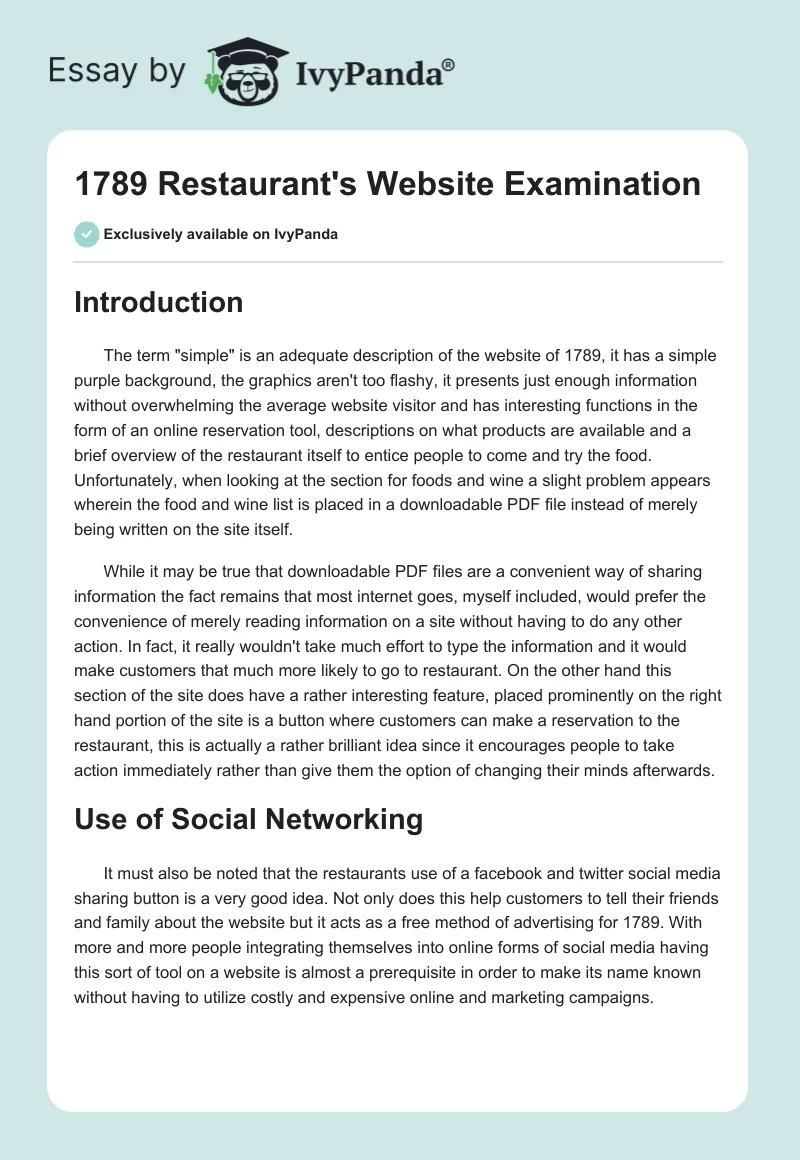 1789 Restaurant's Website Examination. Page 1