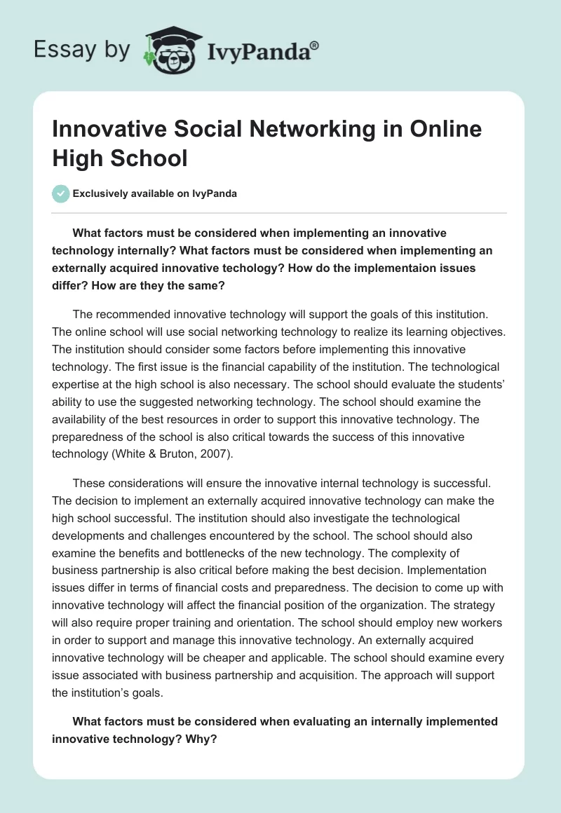 Innovative Social Networking in Online High School. Page 1
