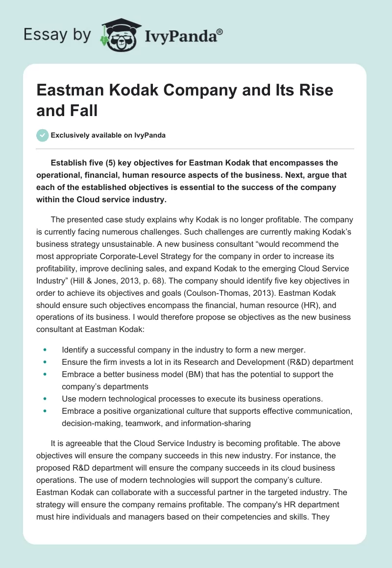 Eastman Kodak Company and Its Rise and Fall. Page 1
