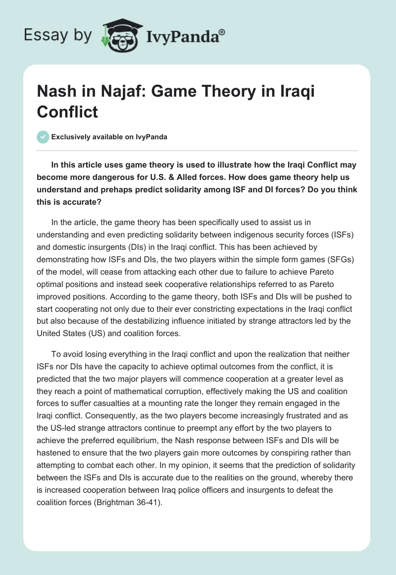 "Nash in Najaf": Game Theory in Iraqi Conflict. Page 1