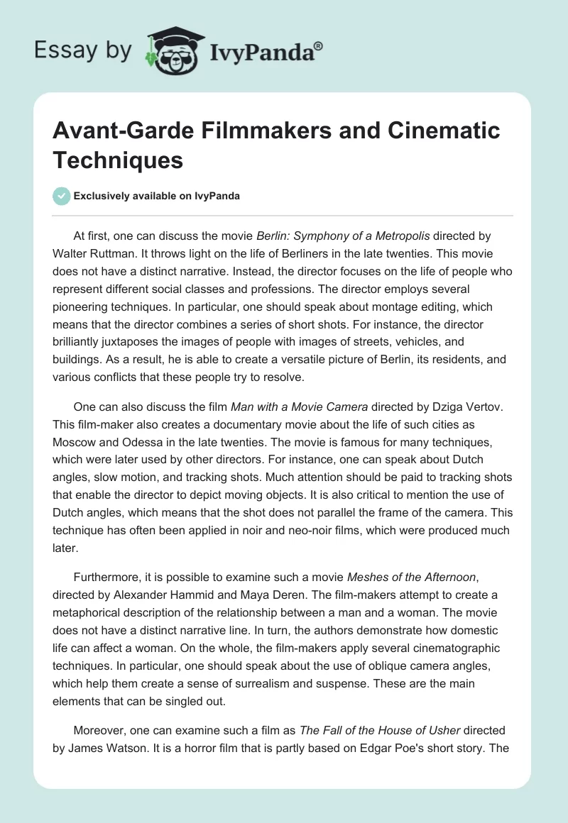 Avant-Garde Filmmakers and Cinematic Techniques. Page 1