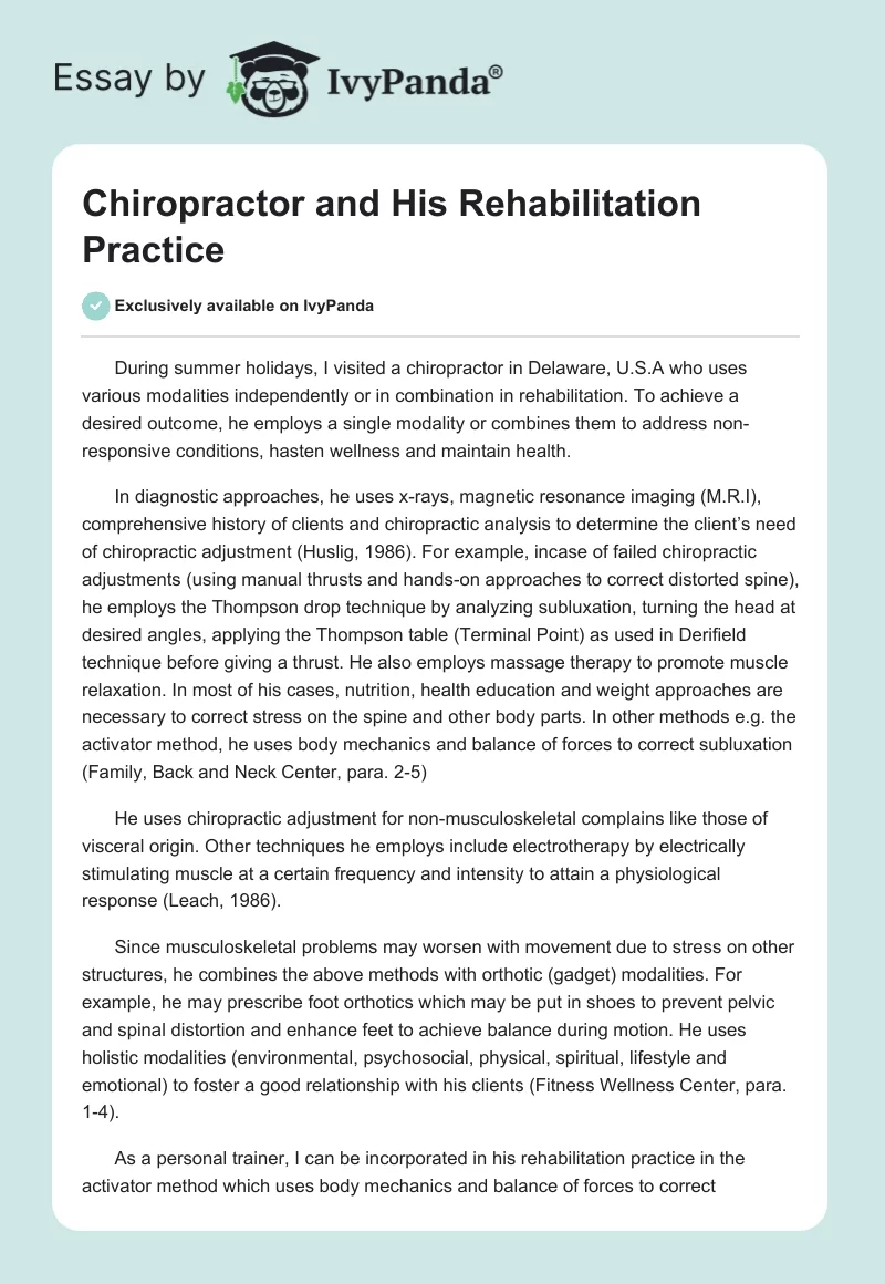 Chiropractor and His Rehabilitation Practice. Page 1