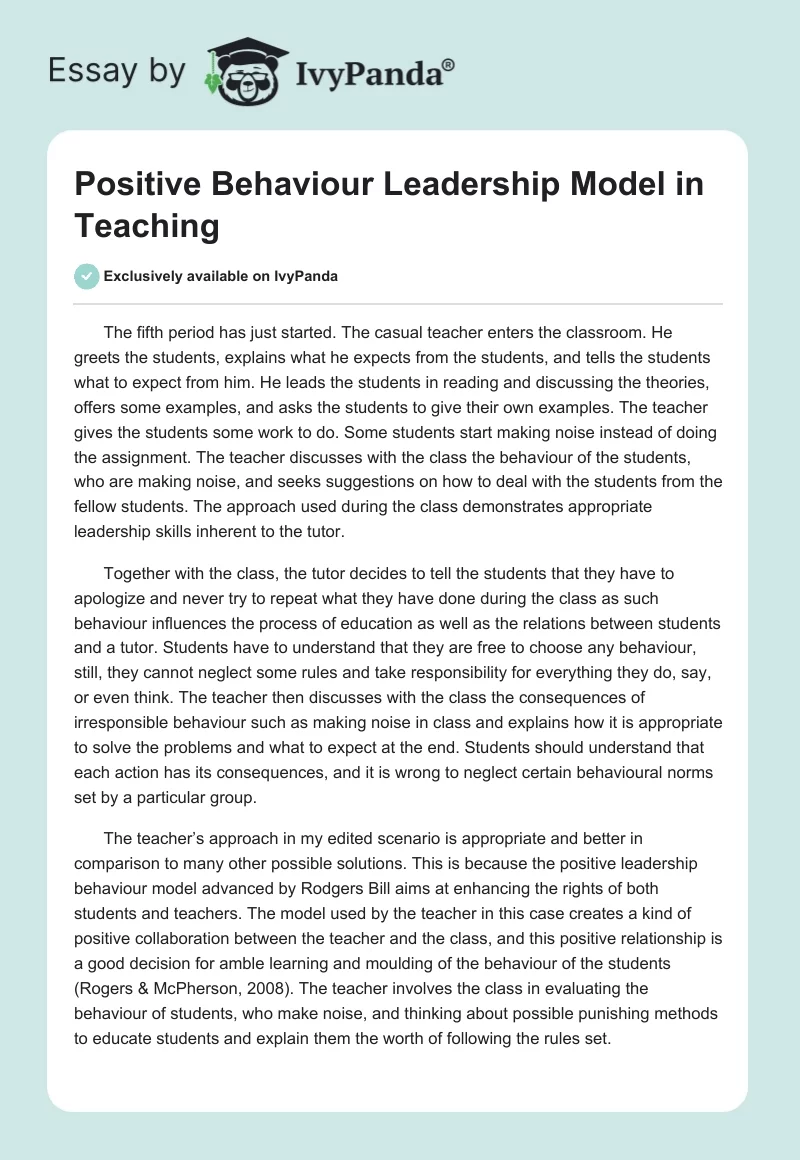 Positive Behaviour Leadership Model in Teaching. Page 1