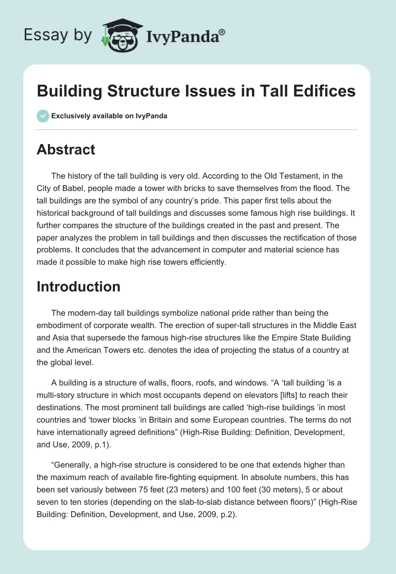 Building Structure Issues in Tall Edifices. Page 1