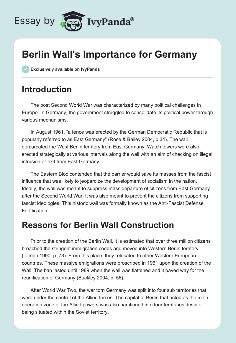 Berlin Wall's Importance for Germany. Page 1