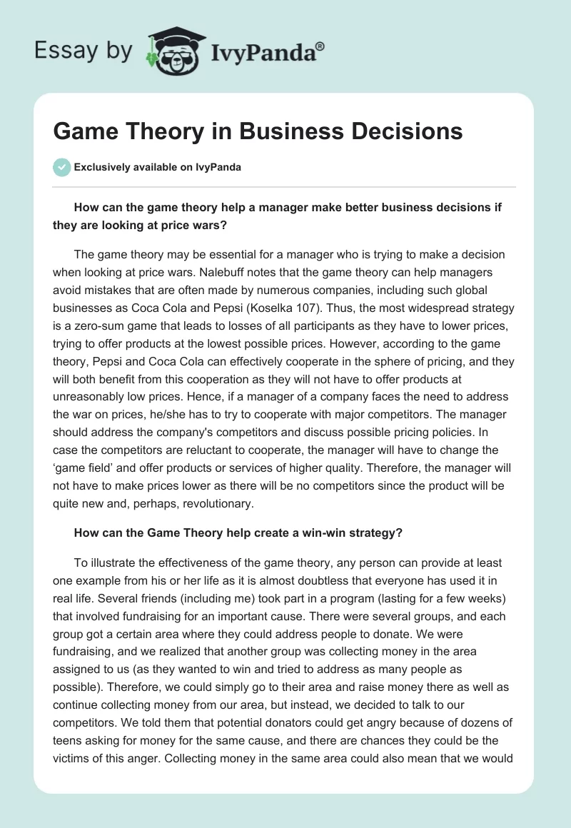 Game Theory in Business Decisions. Page 1