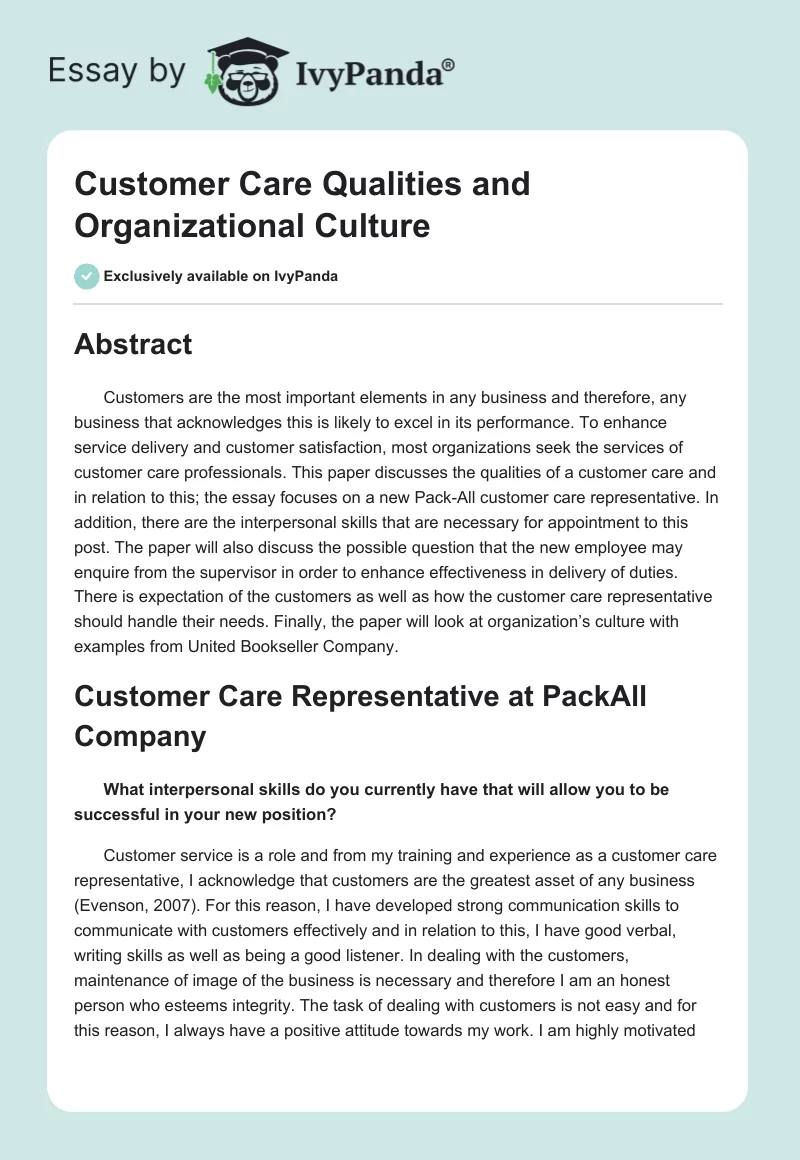 Customer Care Qualities and Organizational Culture. Page 1