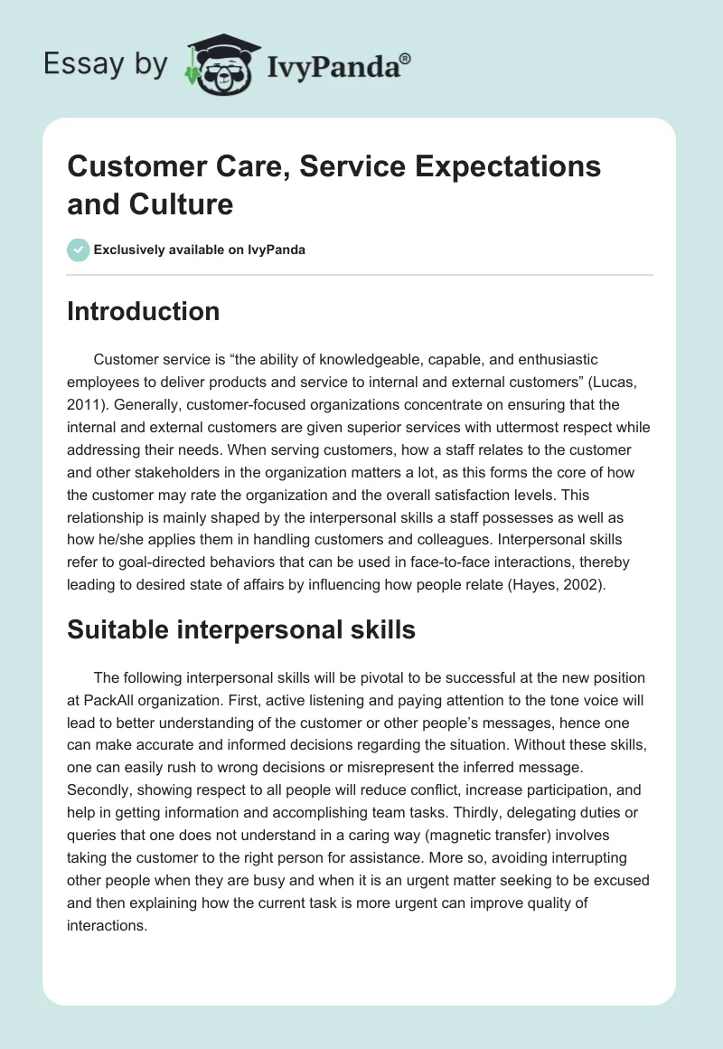 Customer Care, Service Expectations and Culture. Page 1
