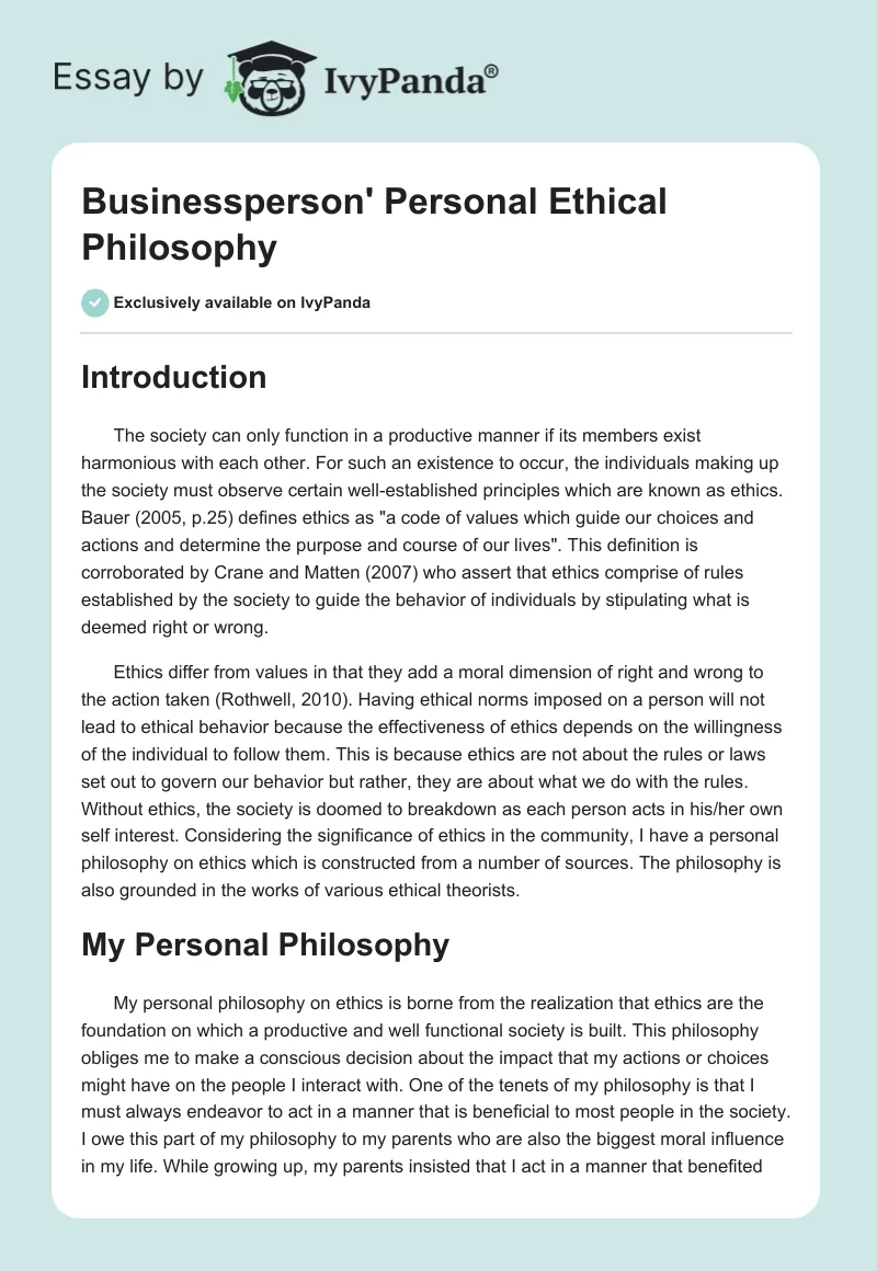 Businessperson' Personal Ethical Philosophy. Page 1