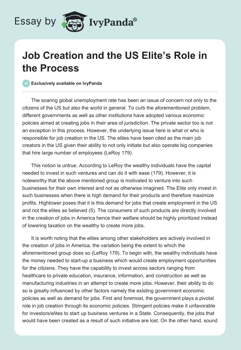 Job Creation and the US Elite’s Role in the Process. Page 1