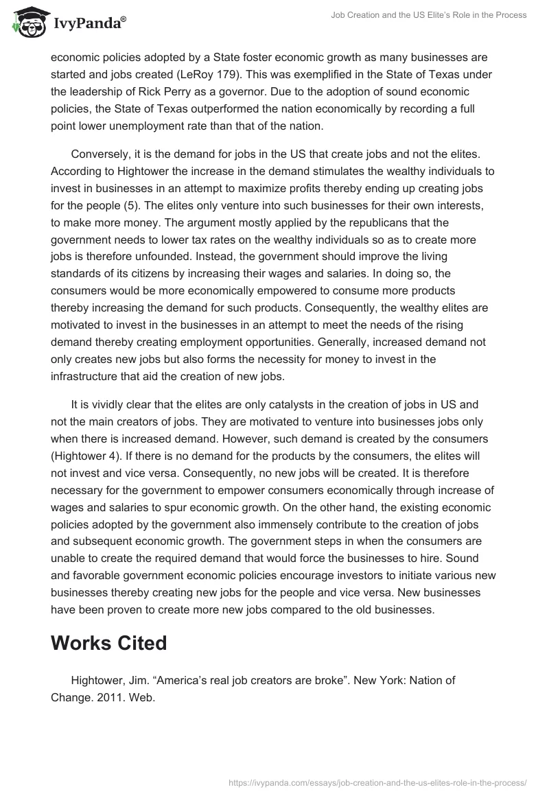 Job Creation and the US Elite’s Role in the Process. Page 2