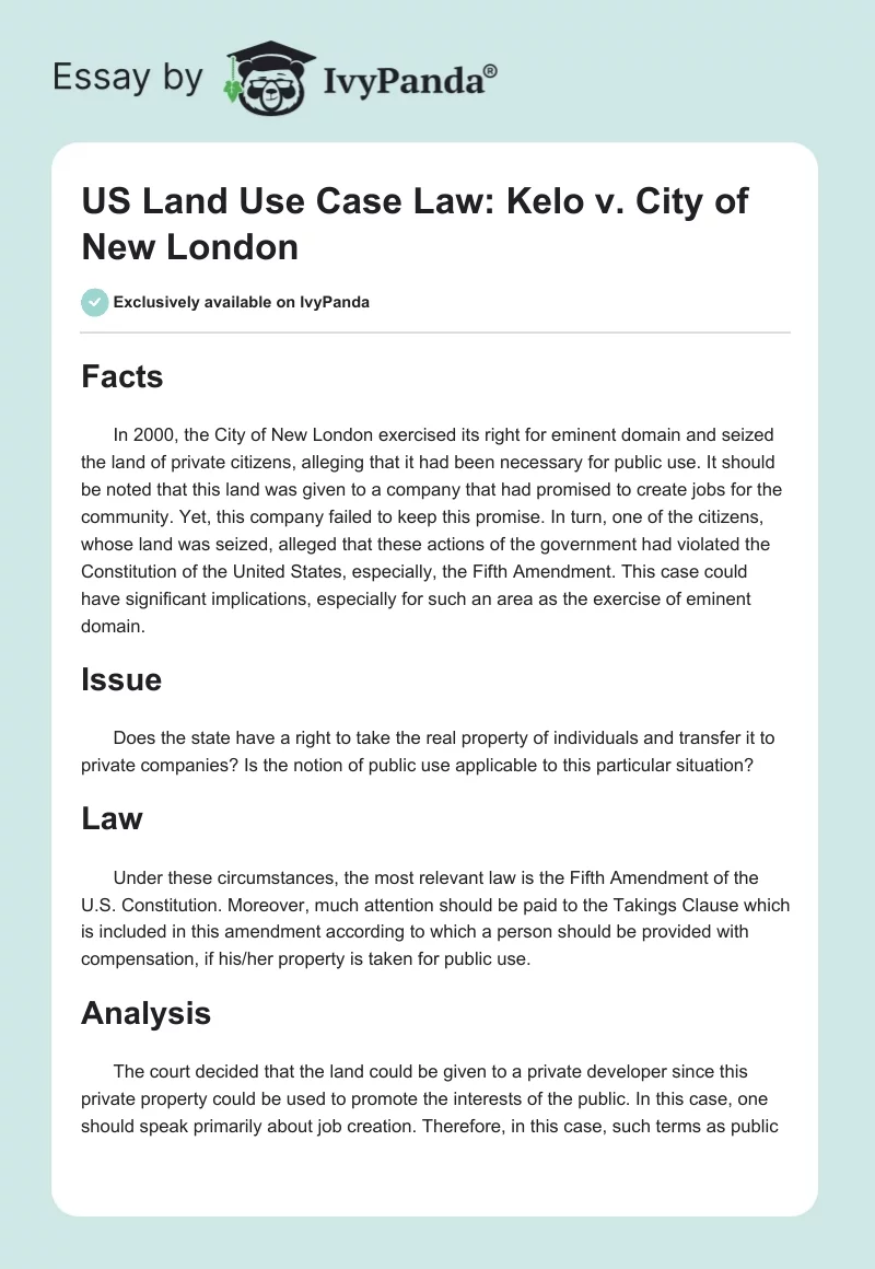 US Land Use Case Law: Kelo v. City of New London. Page 1