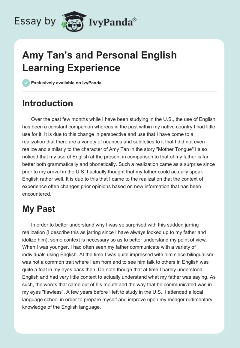 Amy Tan’s and Personal English Learning Experience. Page 1