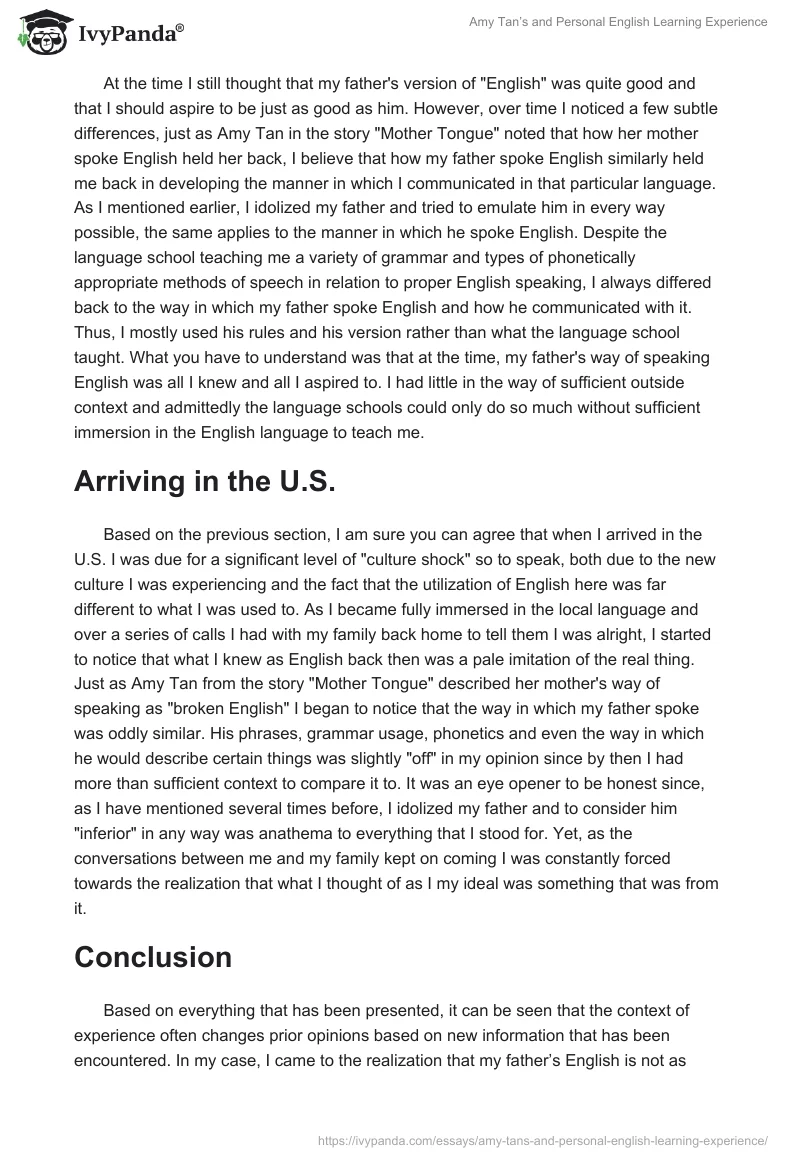 Amy Tan’s and Personal English Learning Experience. Page 2