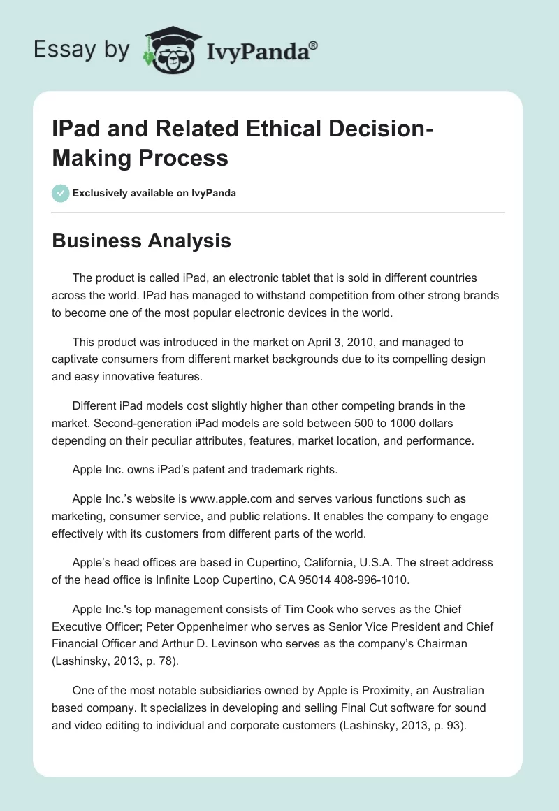 IPad and Related Ethical Decision-Making Process. Page 1