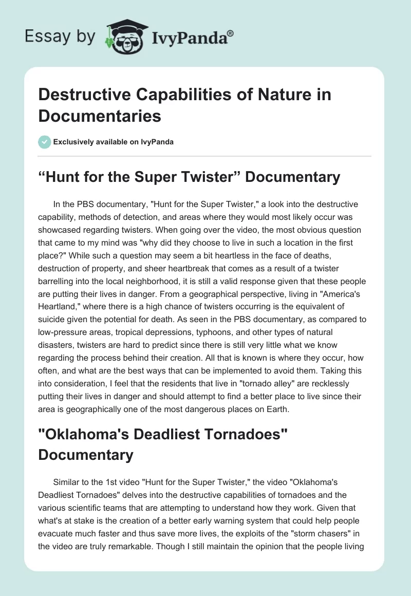Destructive Capabilities of Nature in Documentaries. Page 1