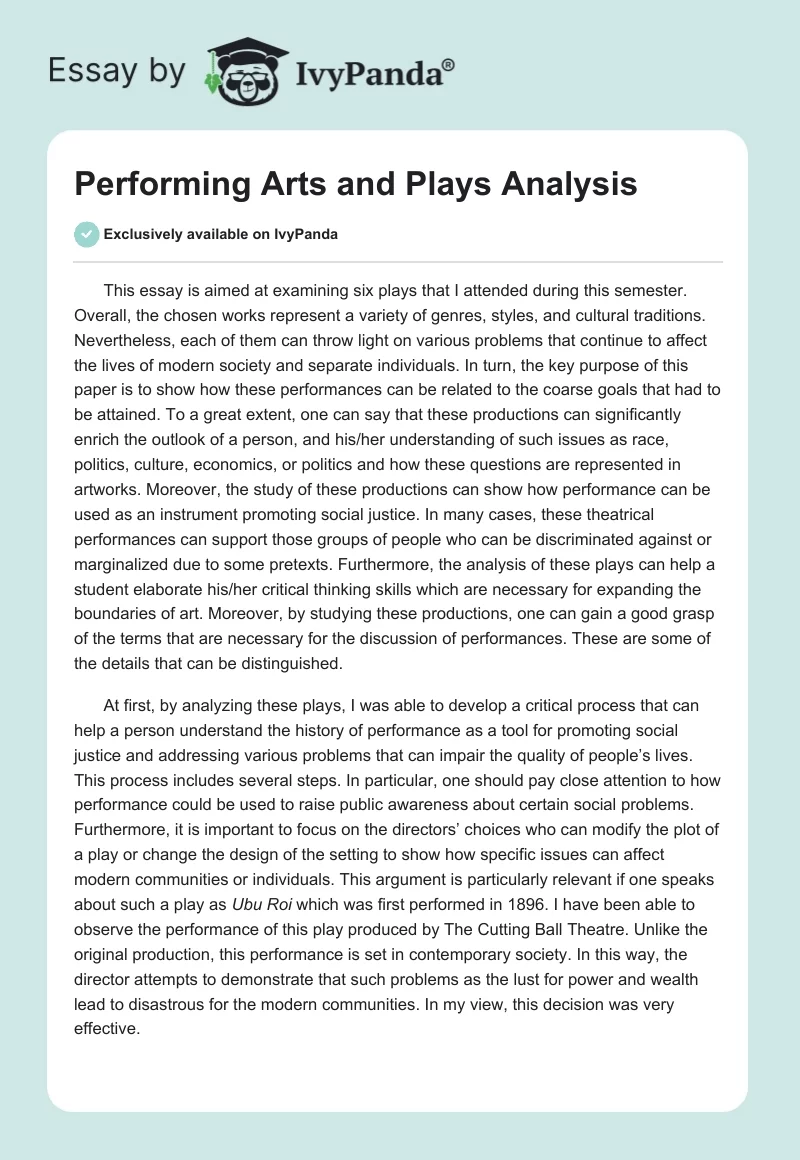 Performing Arts and Plays Analysis. Page 1