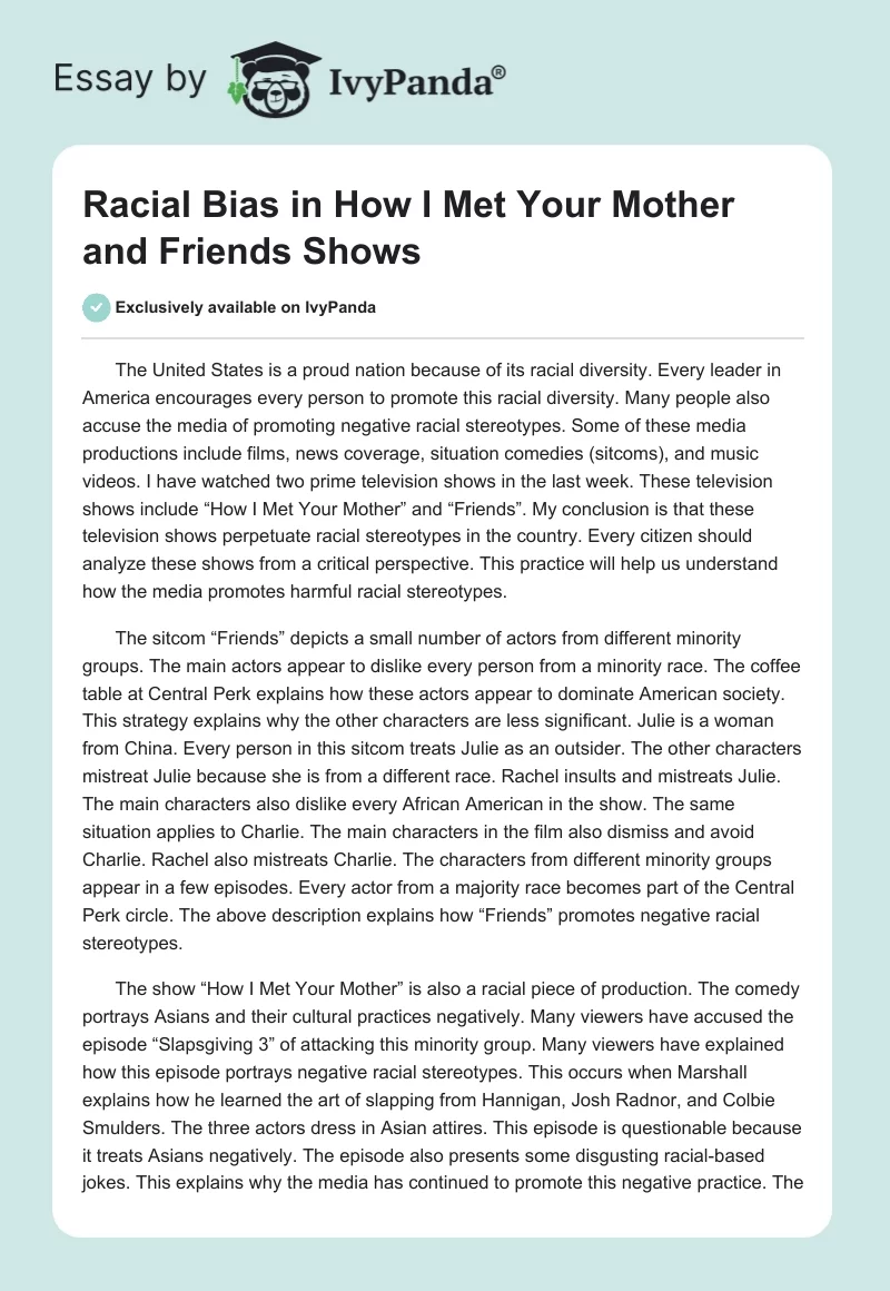 Racial Bias in "How I Met Your Mother" and "Friends" Shows. Page 1