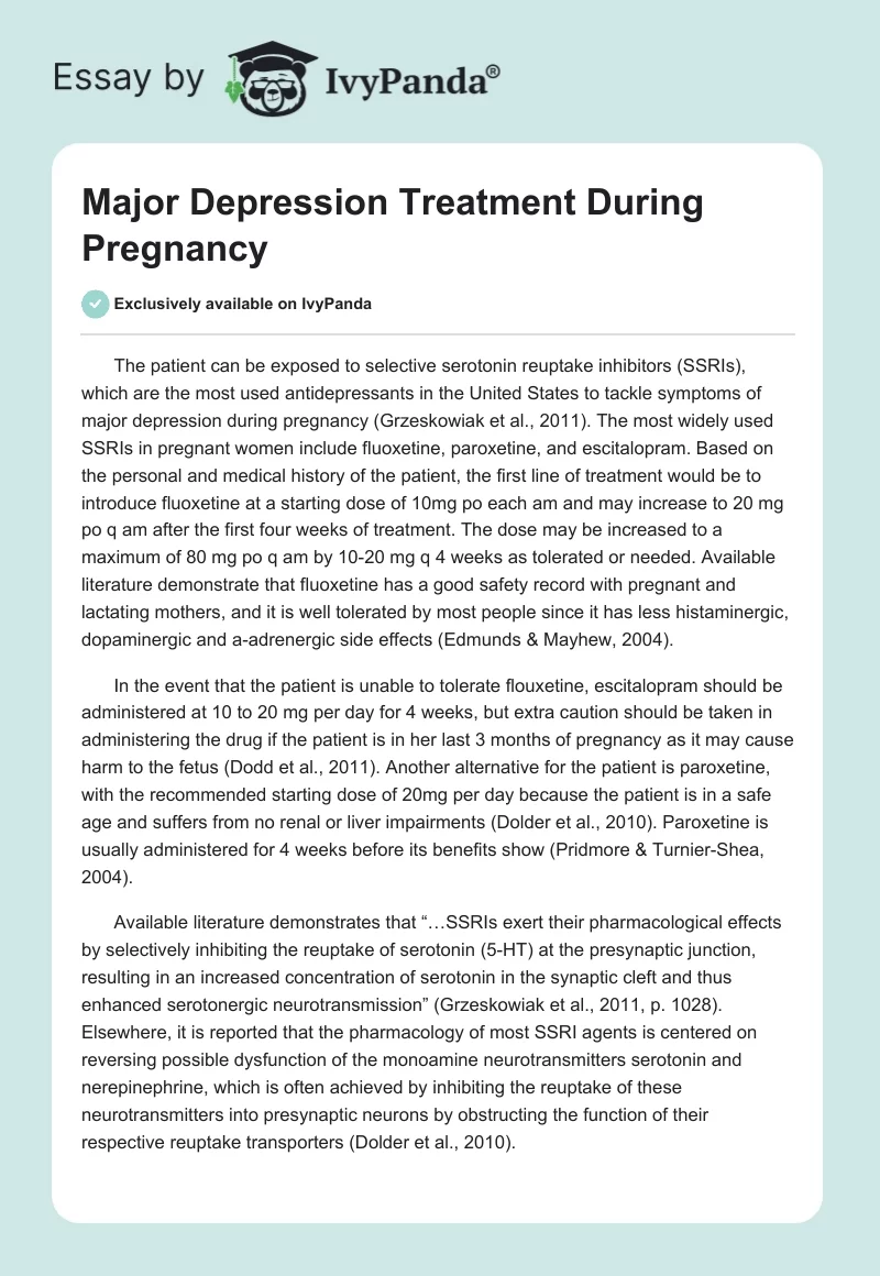 Major Depression Treatment During Pregnancy. Page 1