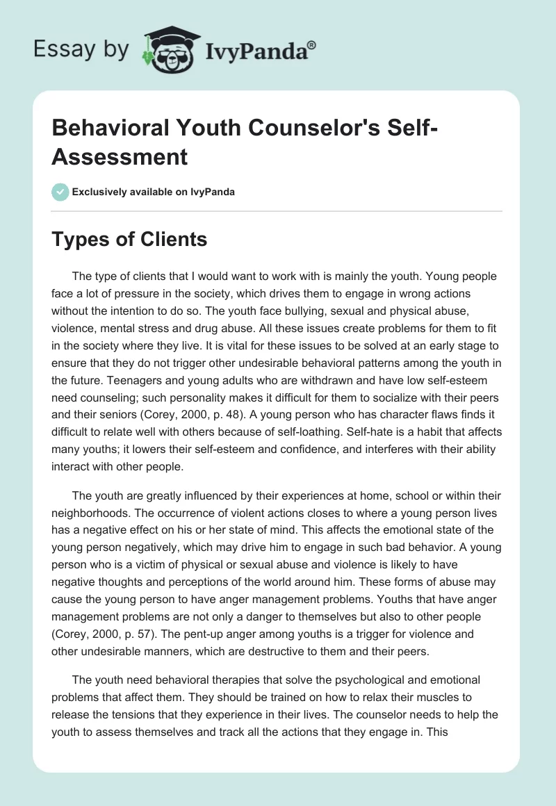Behavioral Youth Counselor's Self-Assessment. Page 1