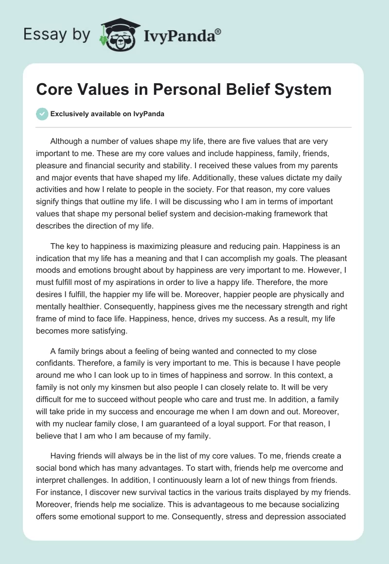 Core Values in Personal Belief System. Page 1