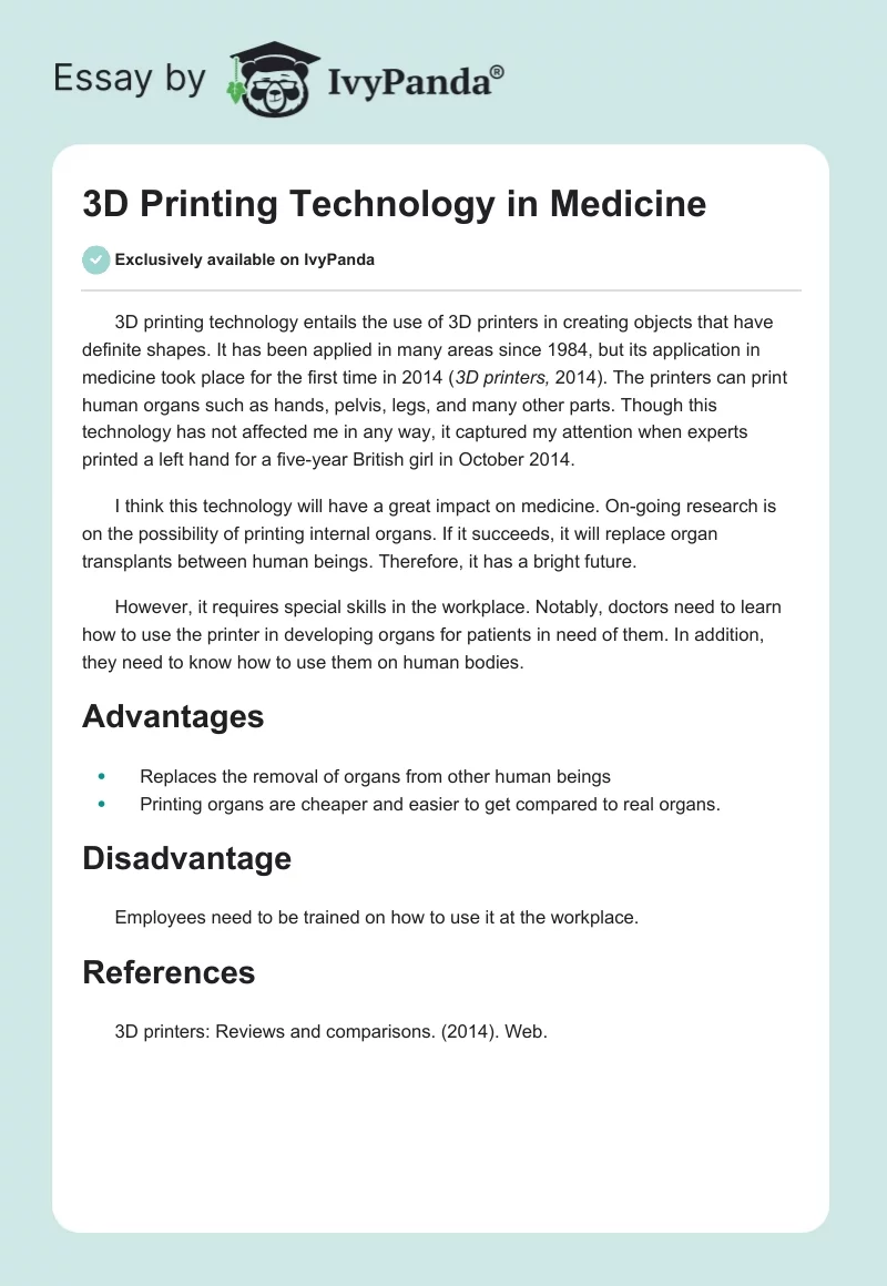 3D Printing Technology in Medicine. Page 1