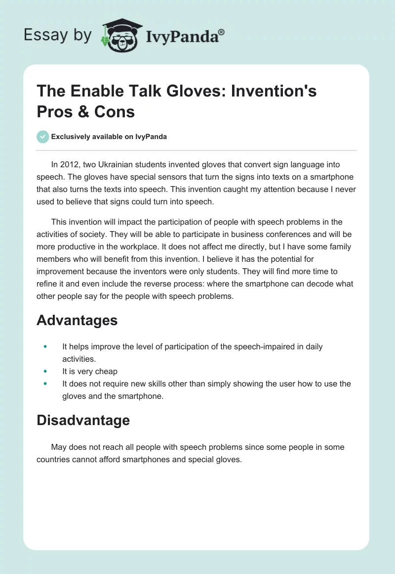 The Enable Talk Gloves: Invention's Pros & Cons. Page 1