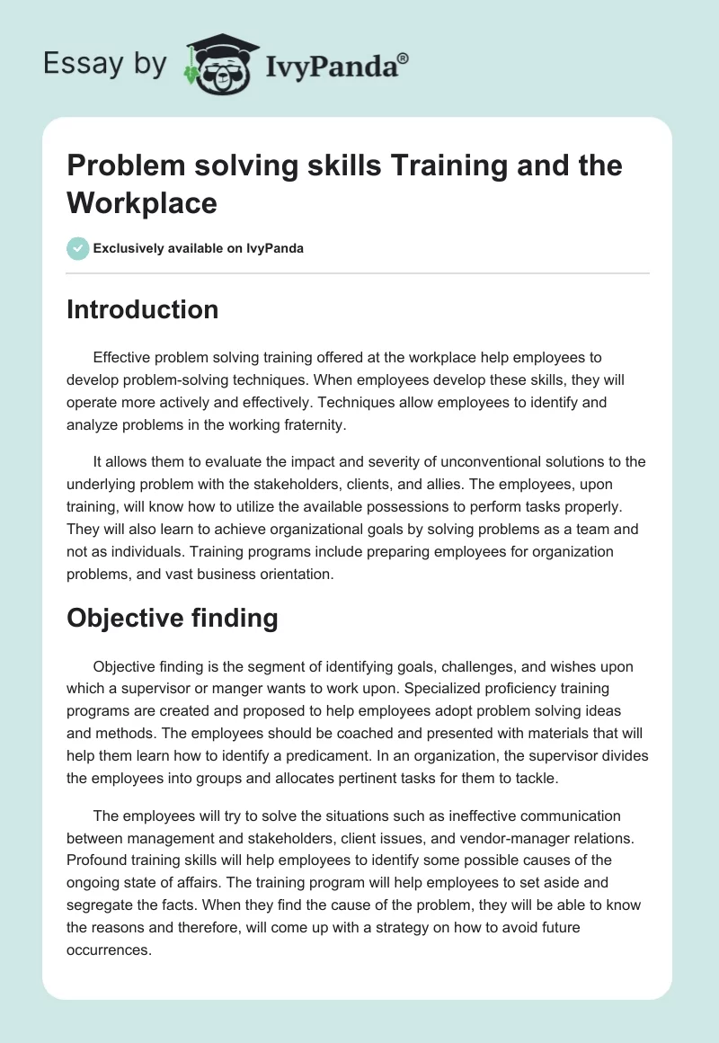Problem Solving Skills Training and the Workplace. Page 1