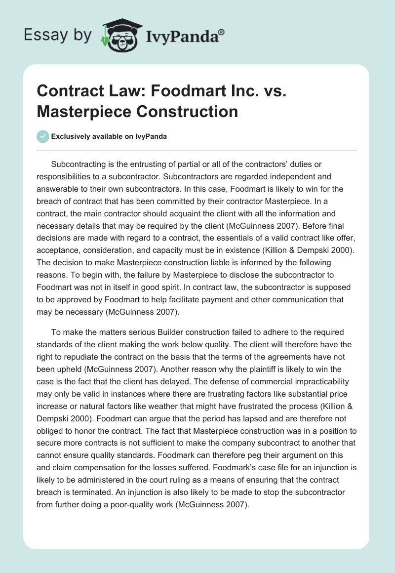 Contract Law: Foodmart Inc. vs. Masterpiece Construction. Page 1