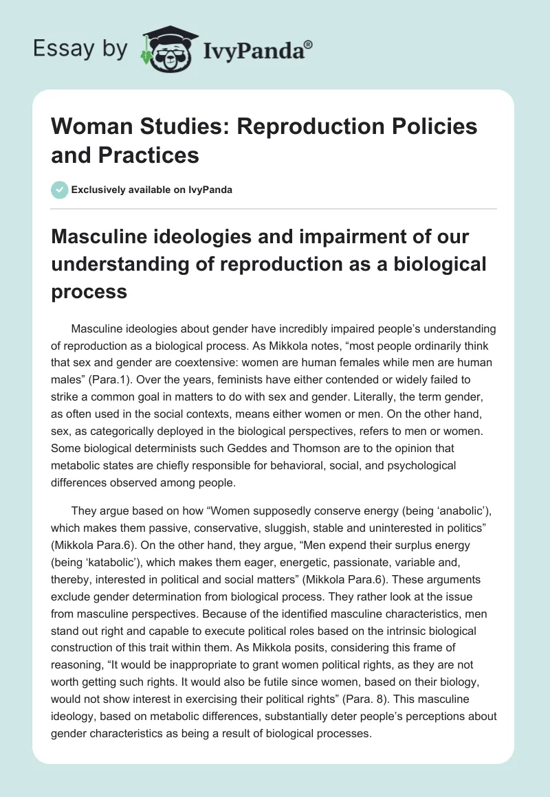 Woman Studies: Reproduction Policies and Practices. Page 1