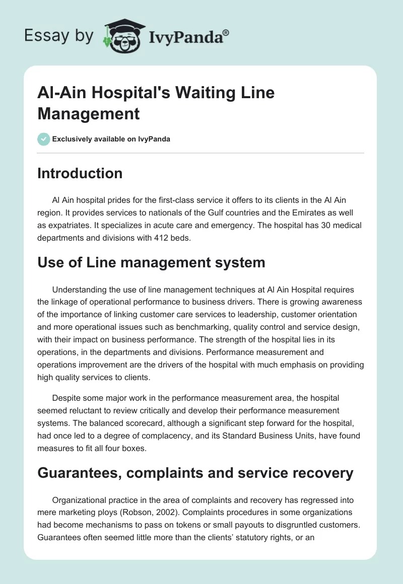 Al-Ain Hospital's Waiting Line Management. Page 1