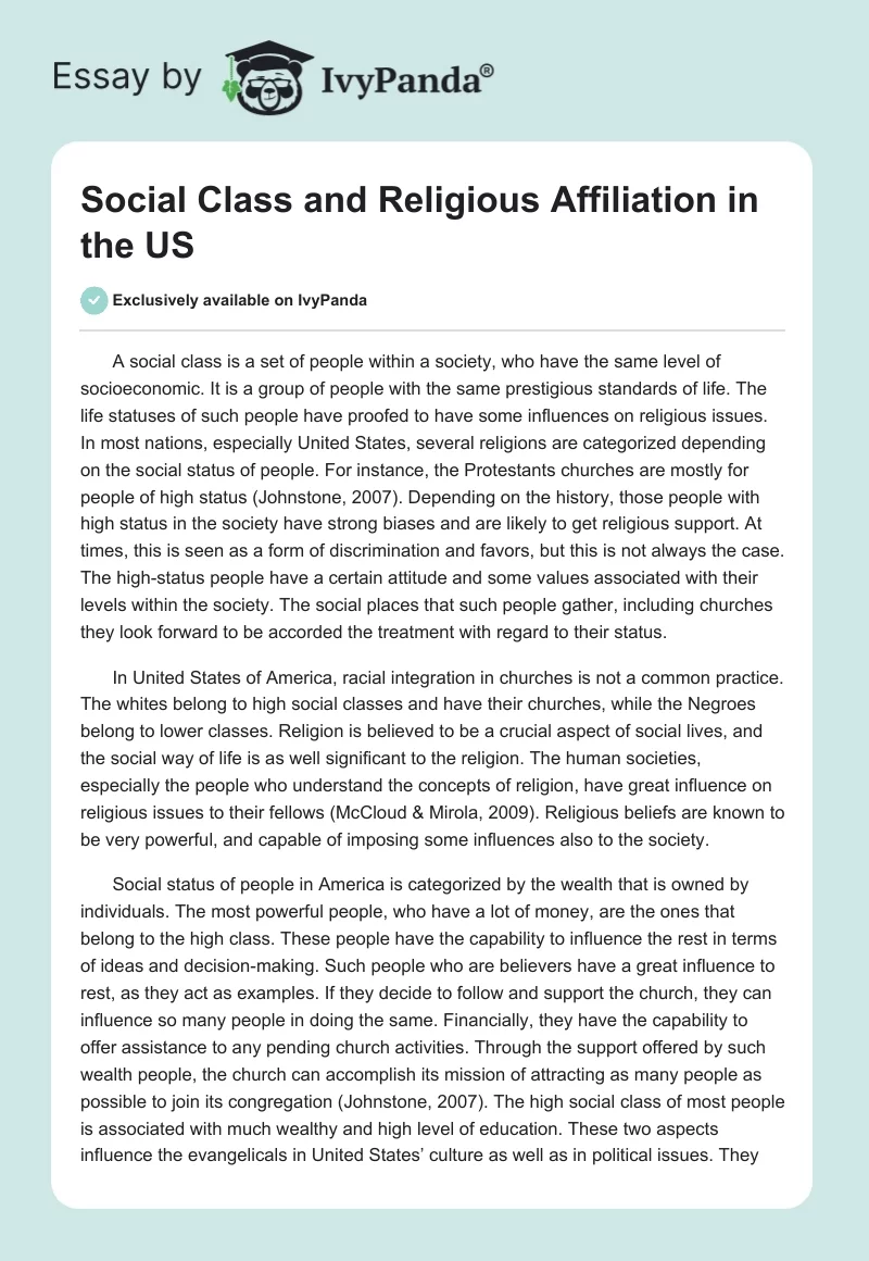 Social Class and Religious Affiliation in the US. Page 1