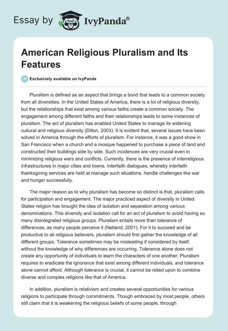 American Religious Pluralism and Its Features. Page 1