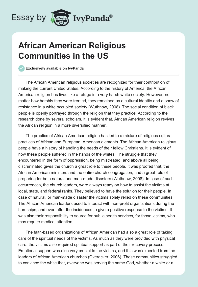 African American Religious Communities in the US. Page 1