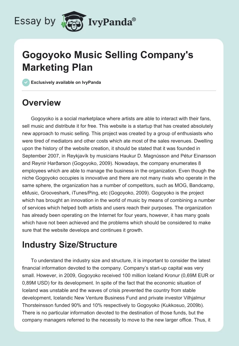 Gogoyoko Music Selling Company's Marketing Plan. Page 1