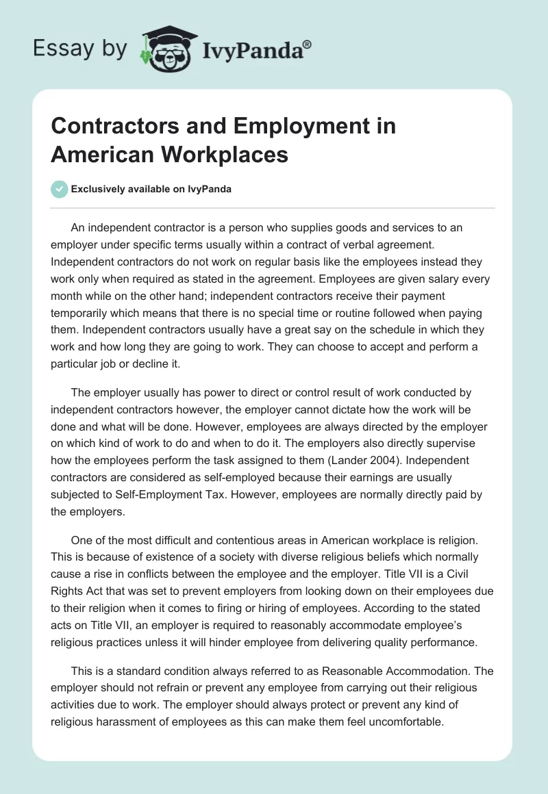 Contractors and Employment in American Workplaces. Page 1