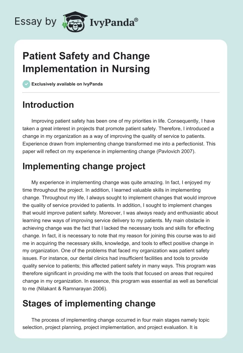 Patient Safety and Change Implementation in Nursing. Page 1