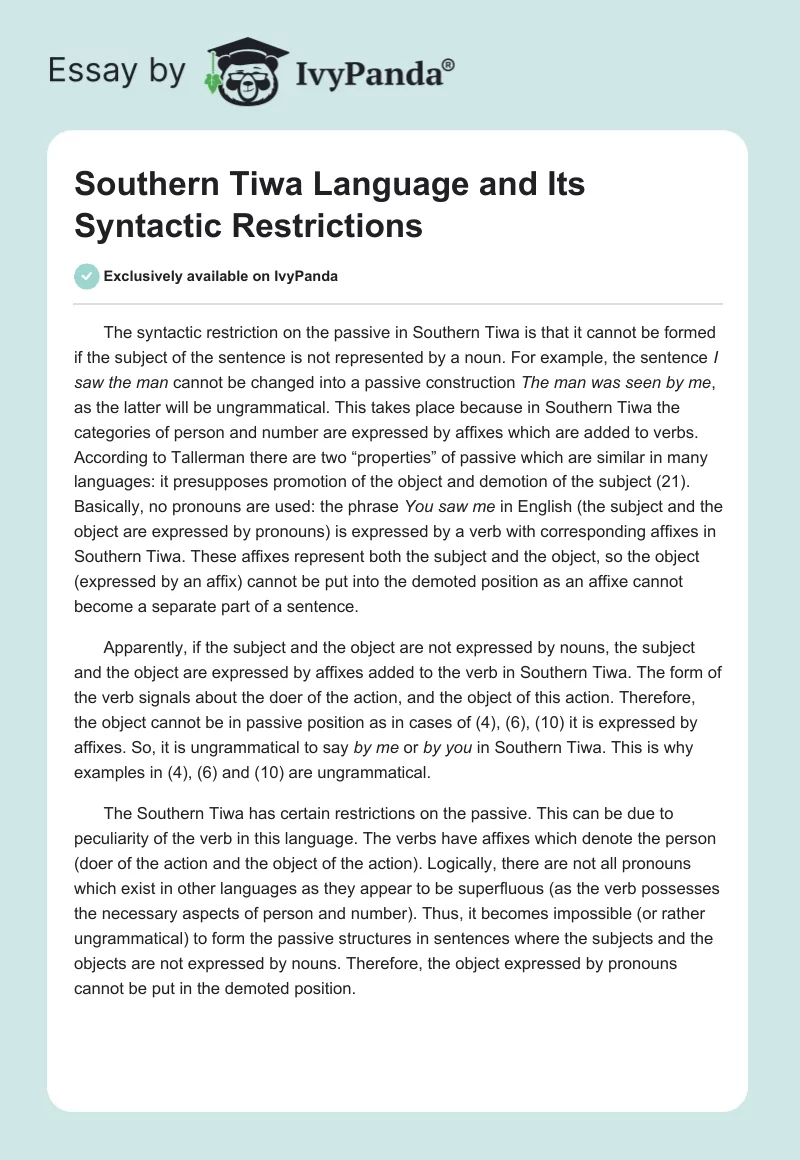 Southern Tiwa Language and Its Syntactic Restrictions. Page 1