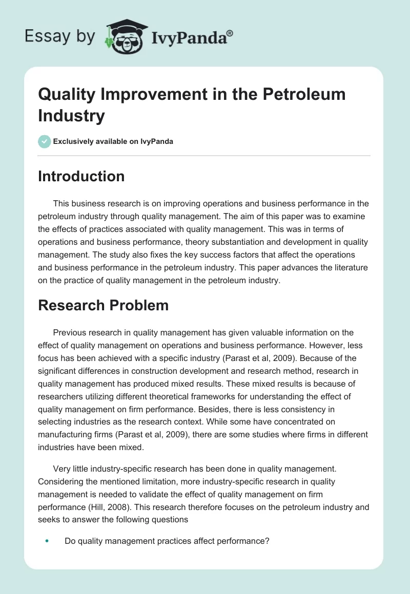 Quality Improvement in the Petroleum Industry. Page 1
